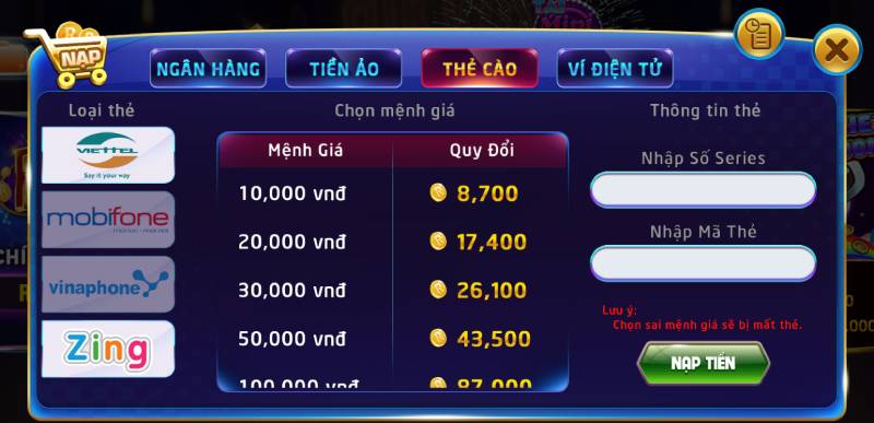 Hướng dẫn nạp tiền Rikvip bằng thẻ cào